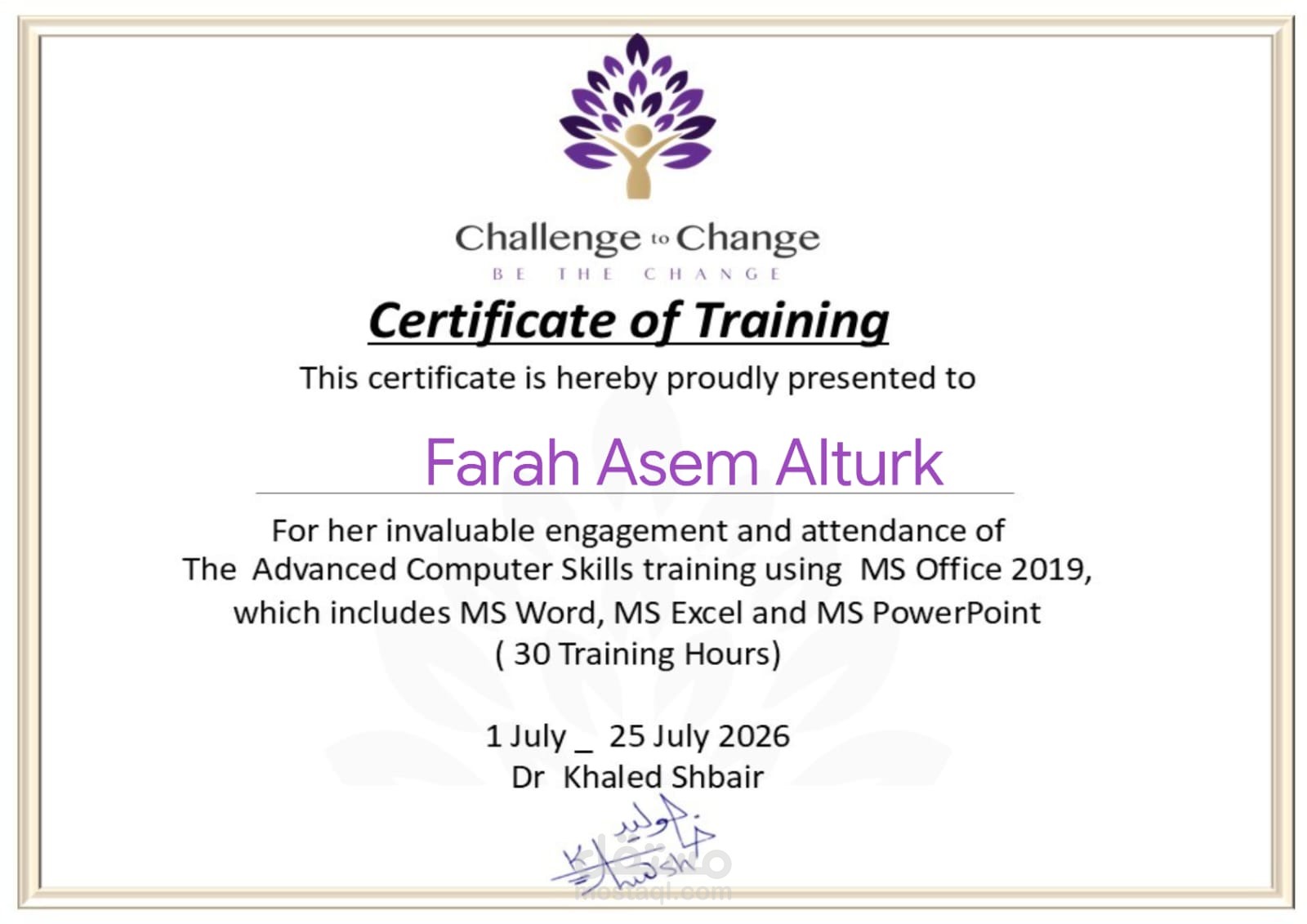 الشهادات والدورات التدريبية Advanced Computer Skills