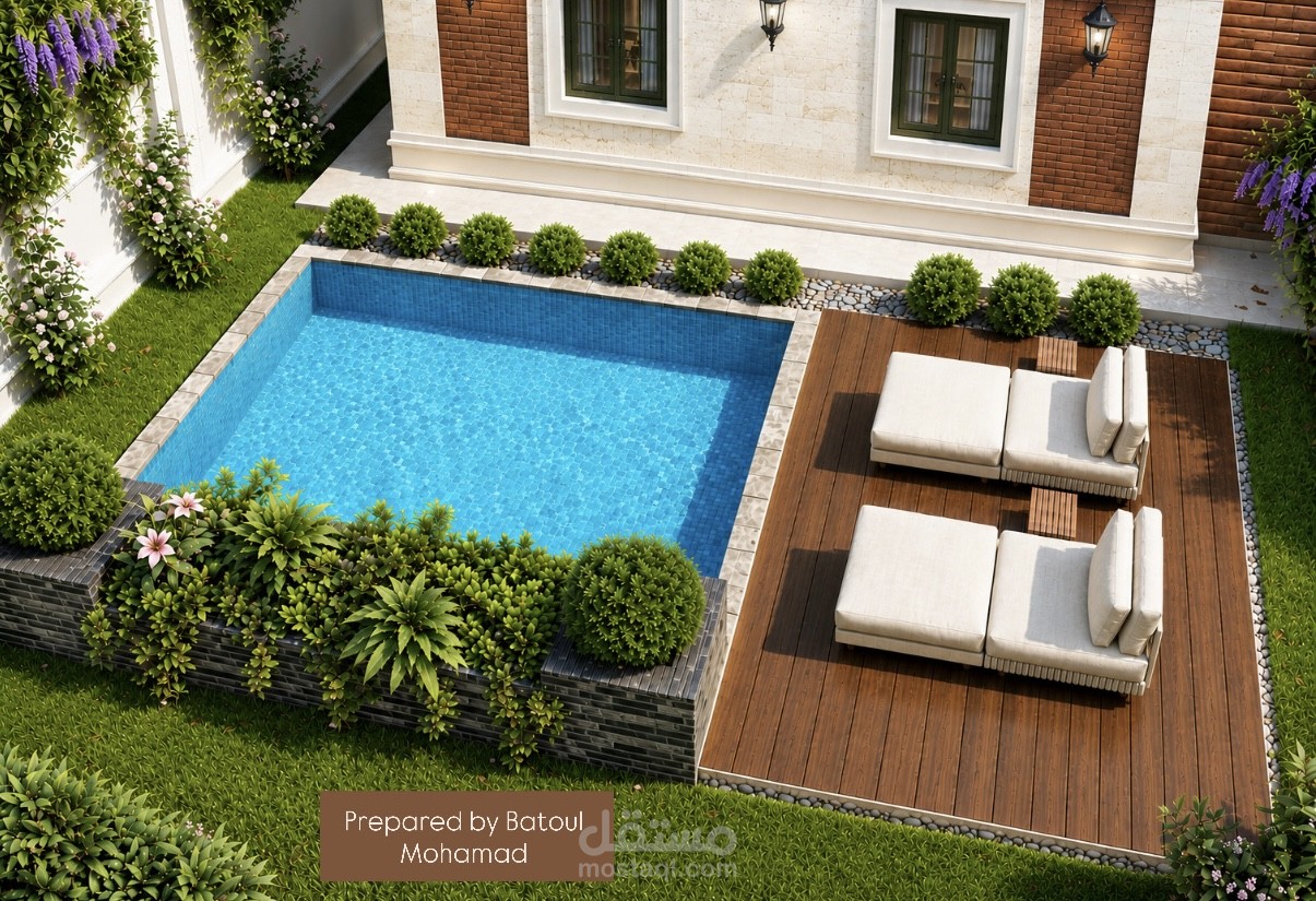 تصميم خارجي لحديقة منزلية مع مسبح عصري