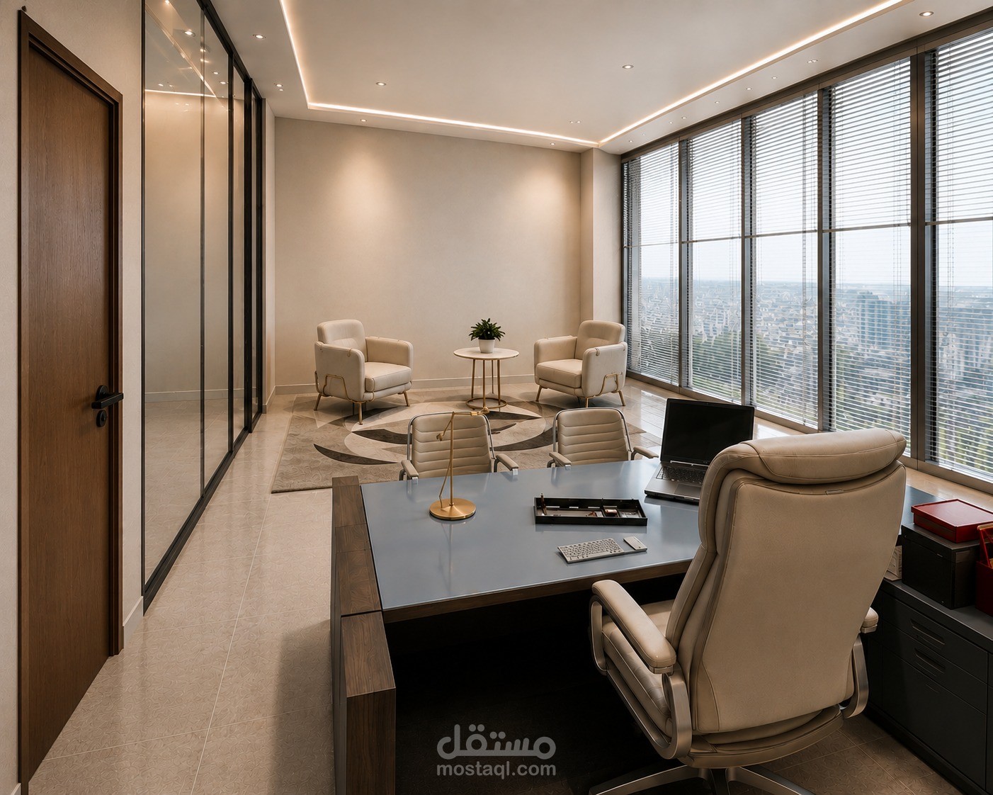 تصميم داخلي وتنفيذ 3D لمكتب تنفيذي في شركة أزياء (Warm Modern)