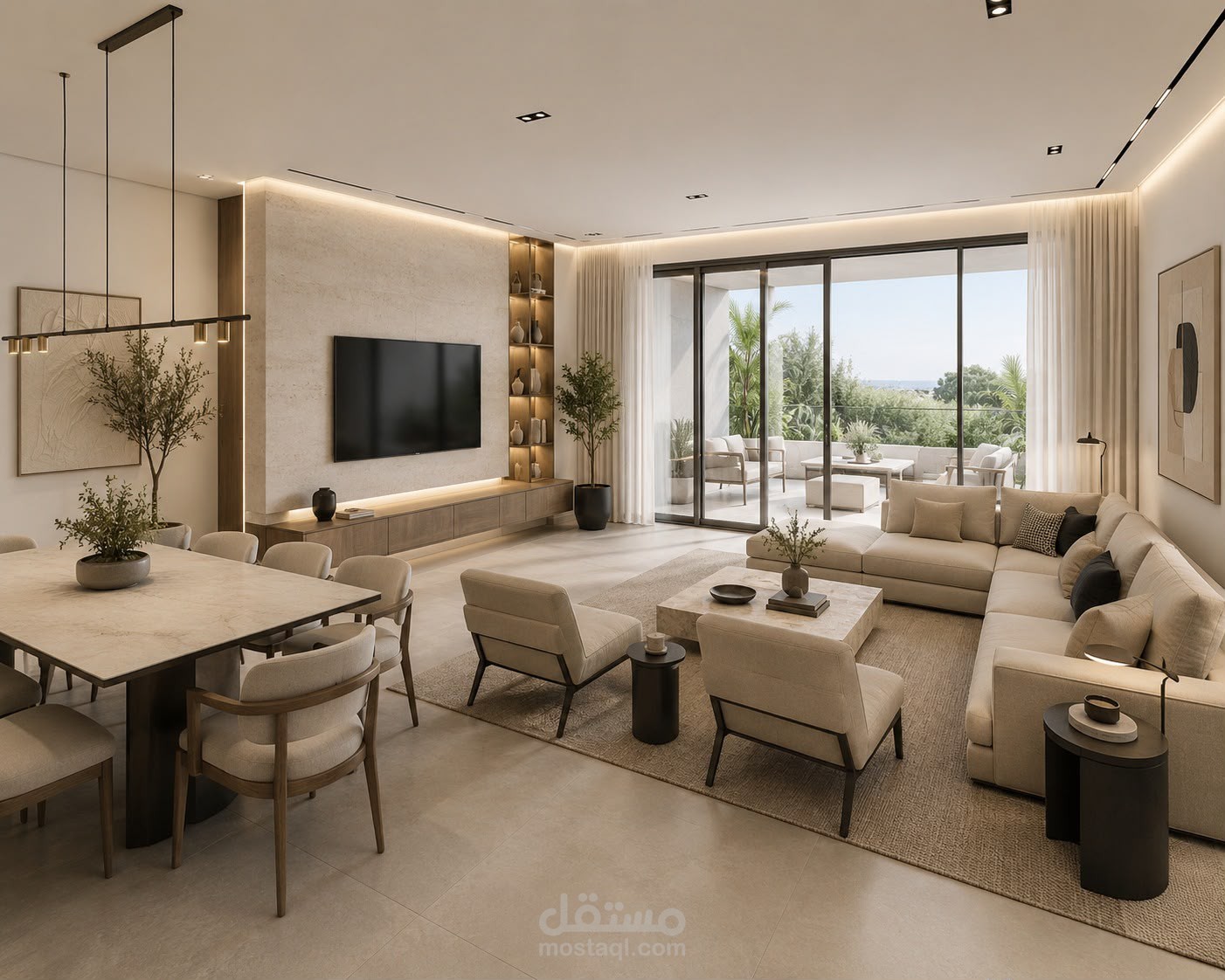 تصميم داخلي وتوزيع مساحات معيشة وطعام لفيلا سكنية (Warm Modern Style)