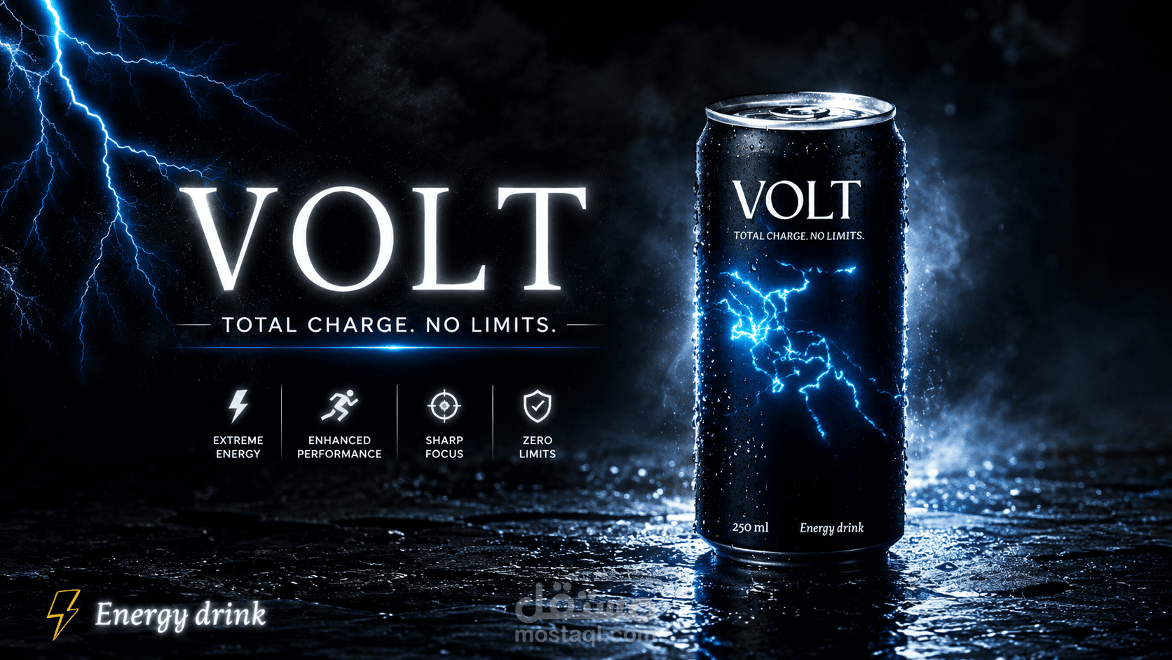"هوية بصرية وتصميم تغليف لمشروب طاقة (Volt) - تصميم عصري"