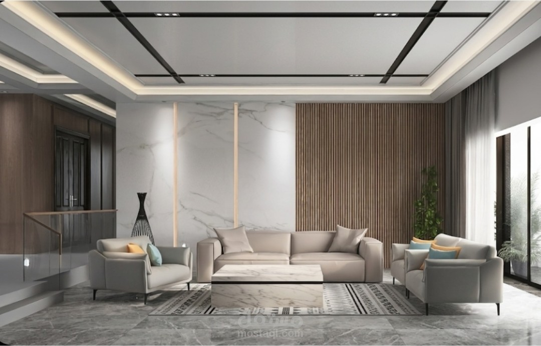 تصميم صالة معيشة فاخرة | دمج الرخام والخشب مع إضاءة سينمائية