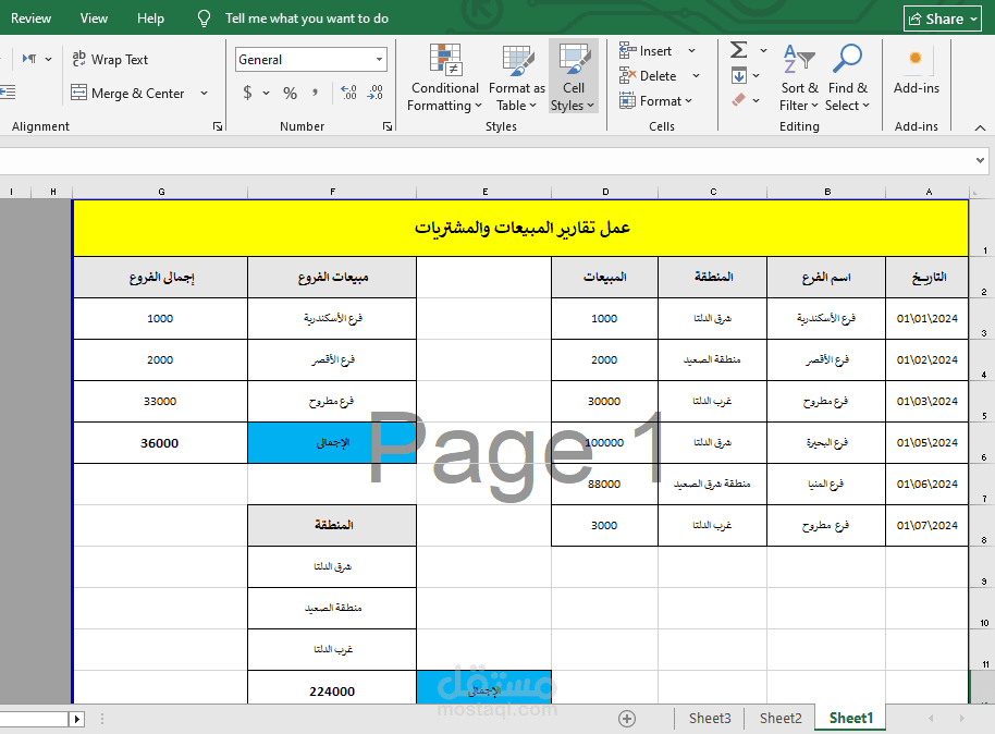 تقارير المبيعات على ملف Excel