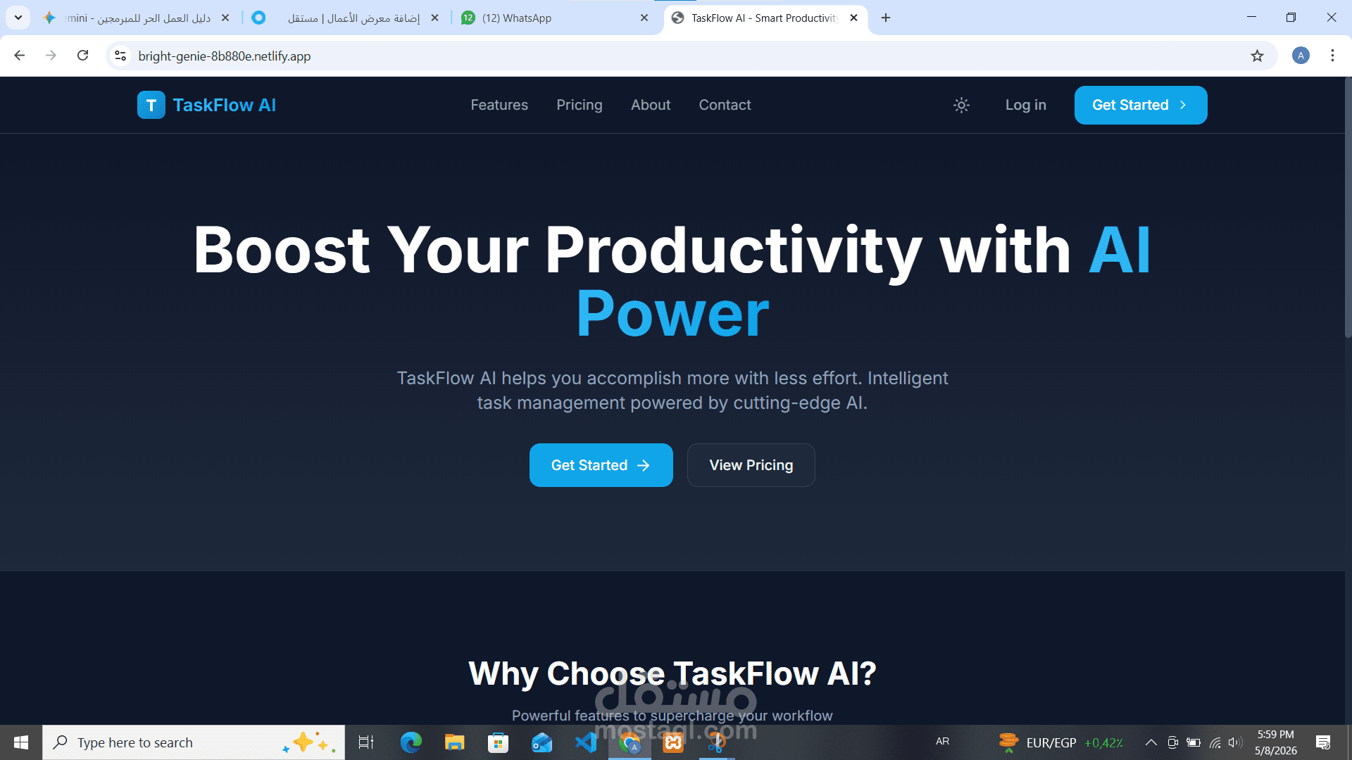 منصة TaskFlow AI لإدارة المهام والإنتاجية بتصميم عصري.