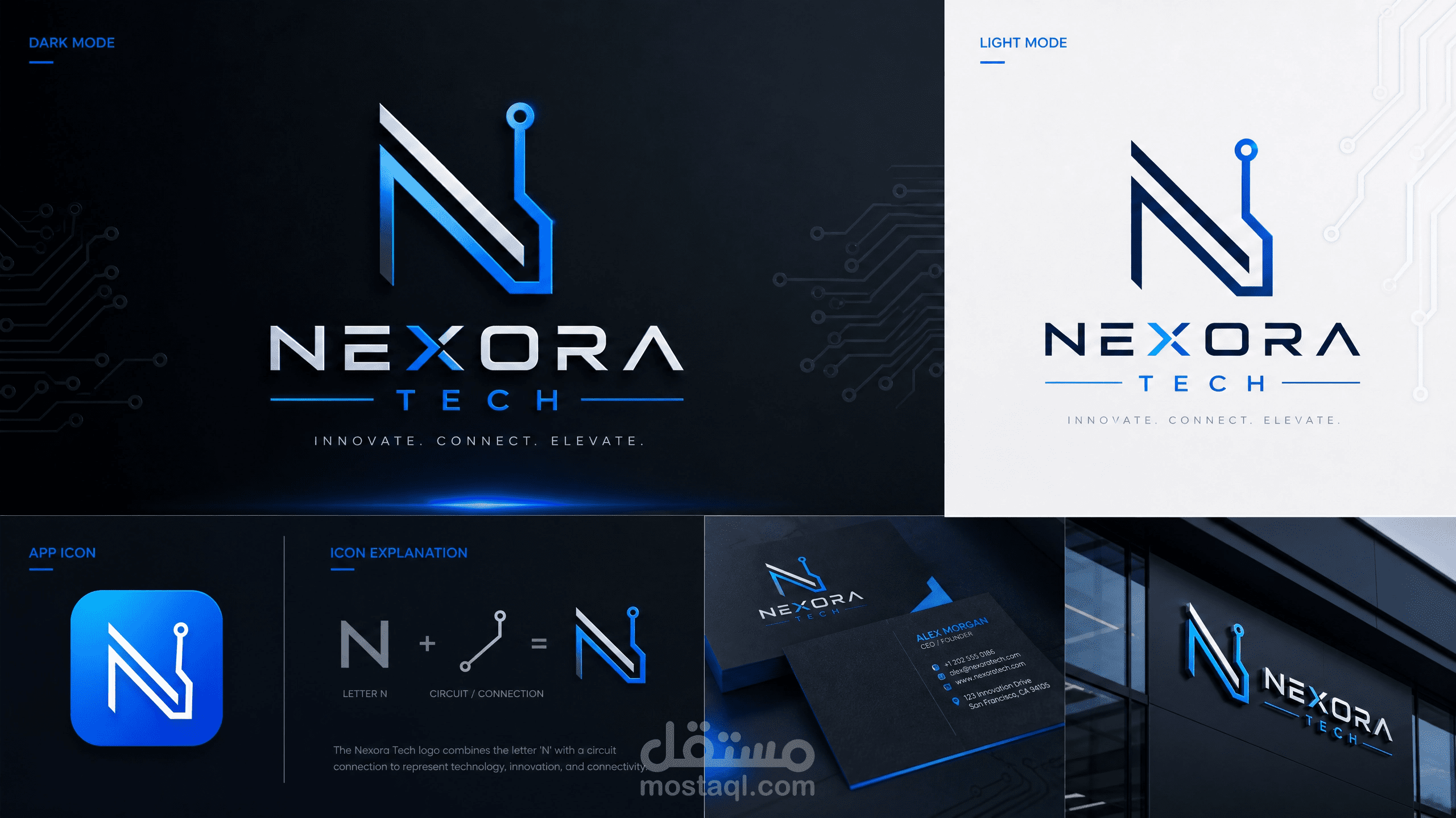 تصميم شعار احترافي وهوية بصرية لشركة تقنية – Nexora Tech