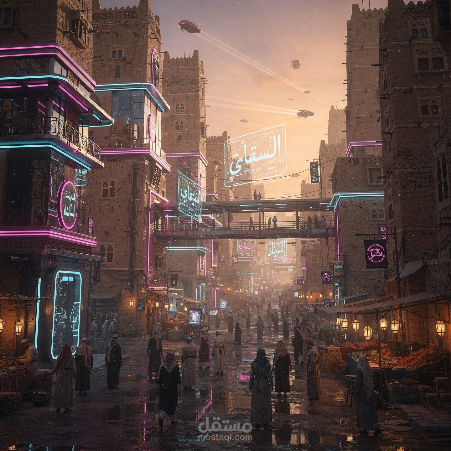 تصميم مشهد سينمائي لمدينة يمنية مستقبلية بتقنية AI Cyberpun
