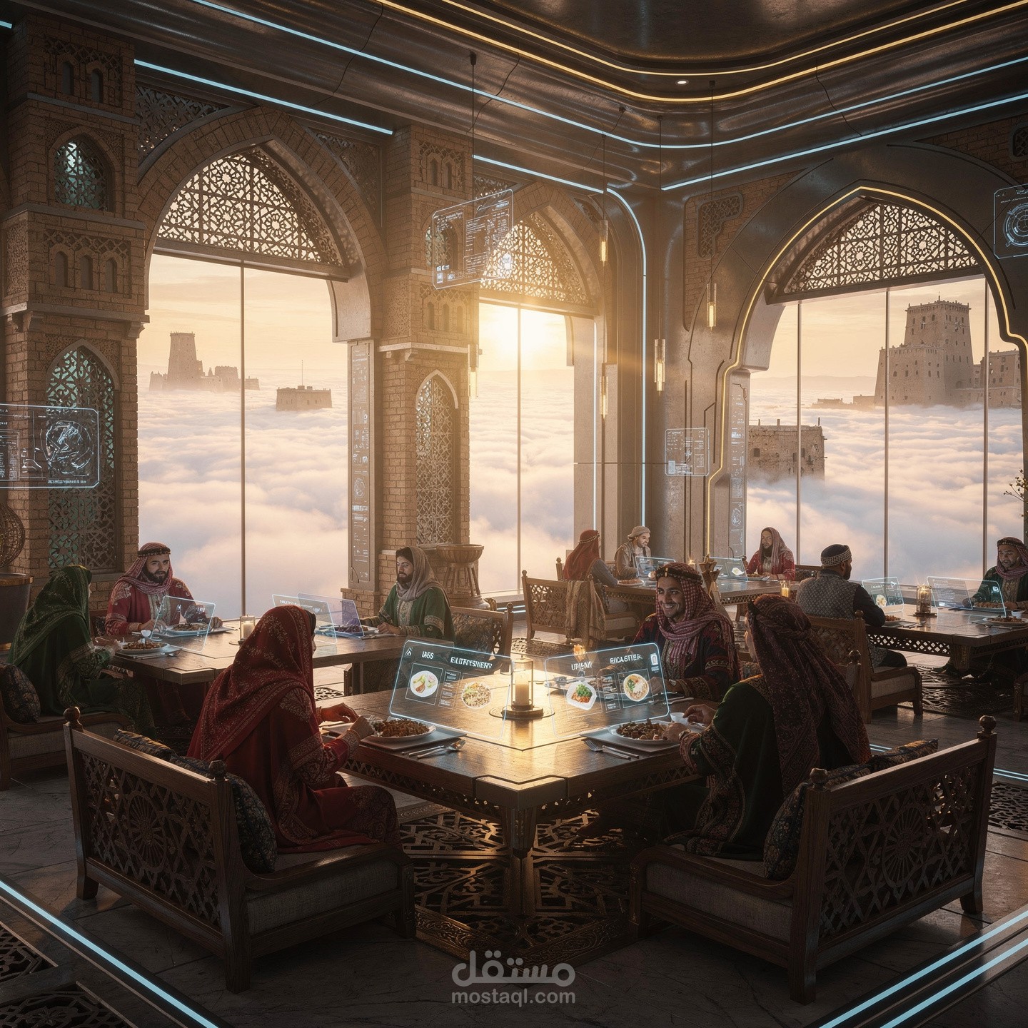 تصميم مفهوم بصري (Concept Art) لمطعم يمني مستقبلي فوق السحاب