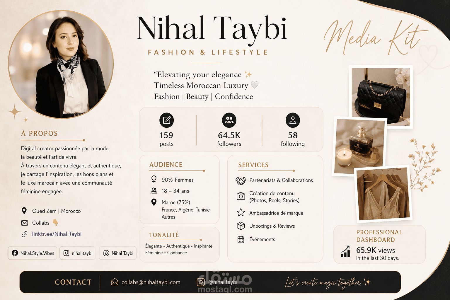 تصميم ميديا كيت (Media Kit) احترافي للمؤثرين بأسلوب Quiet Luxury