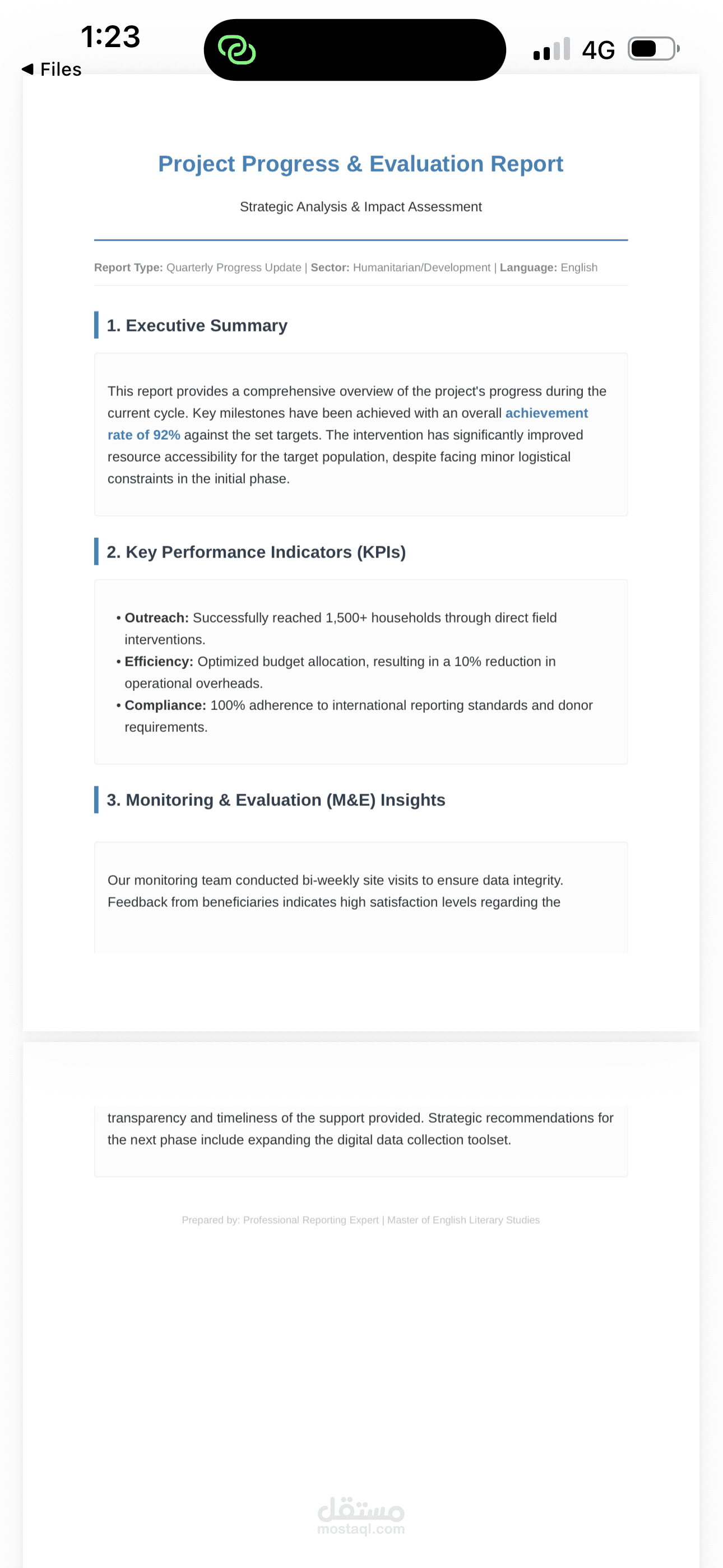 صياغة تقارير دورية وتحليل مؤشرات الأداء (KPIs) بالإنجليزية.