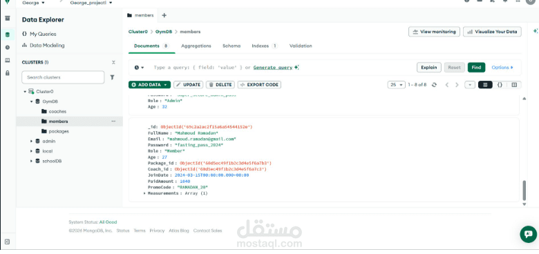 تصميم ونشر قاعدة بيانات لنظام إدارة جيم (GymDB) على MongoDB Atlas