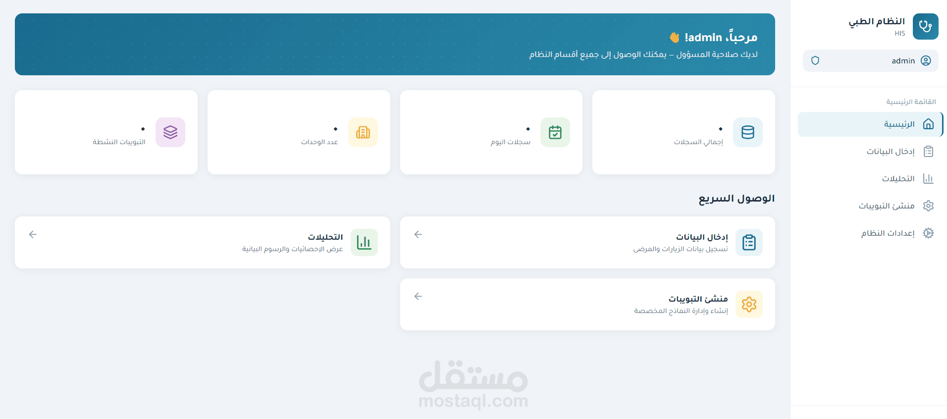 نظام ادارة معلومات طبيه HIS   مع واجهة تحليل بيانات متكاملة