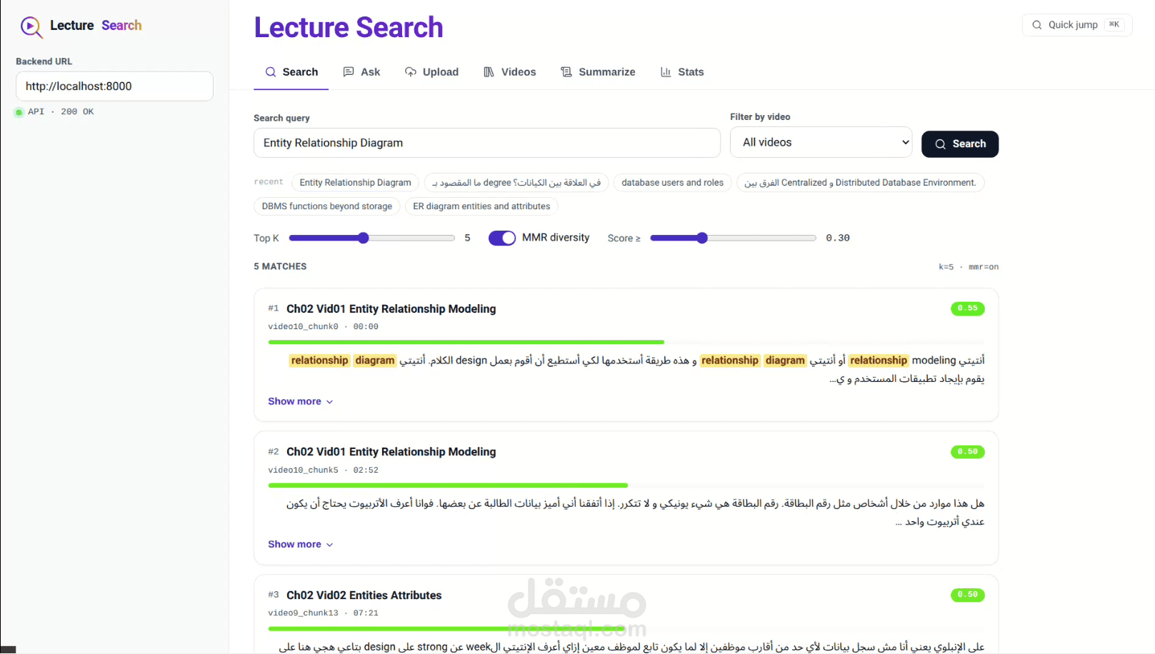 Lecture Search Engine — محرك بحث ذكي للمحاضرات والفيديوهات التعليمية بدعم RAG وثنائي اللغة