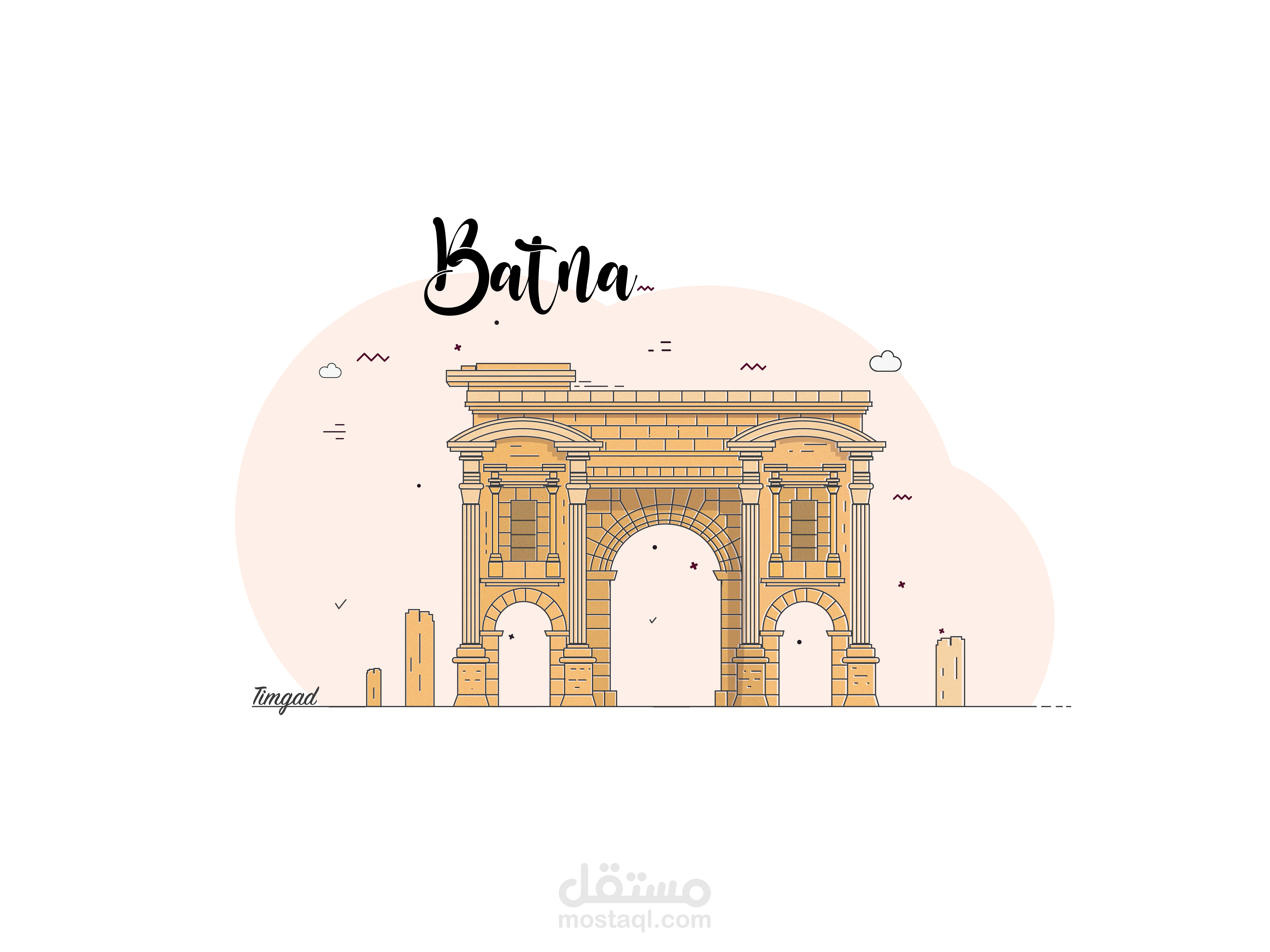 رسم بفن الخطوط لمعالم سياحية في الجزائر  artline الآثار الرومانية مدينة باتنة