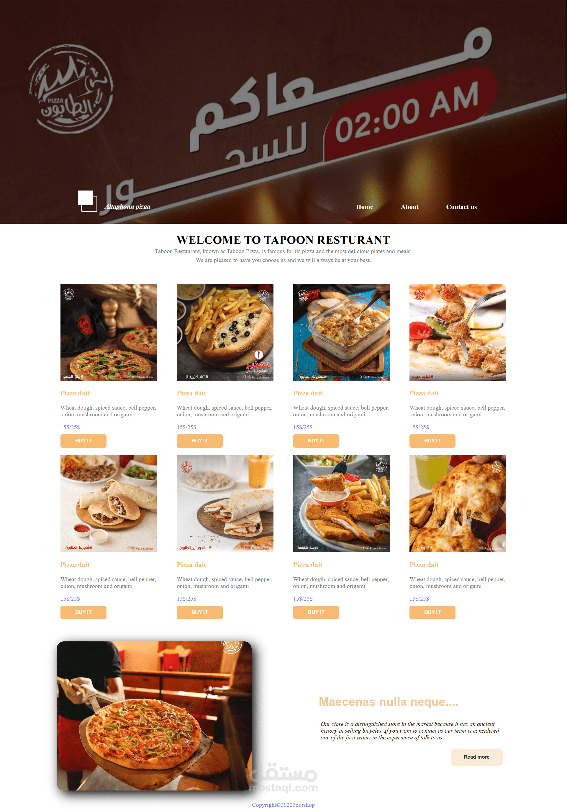 تصميم وتطوير موقع مطعم Taboon Pizza