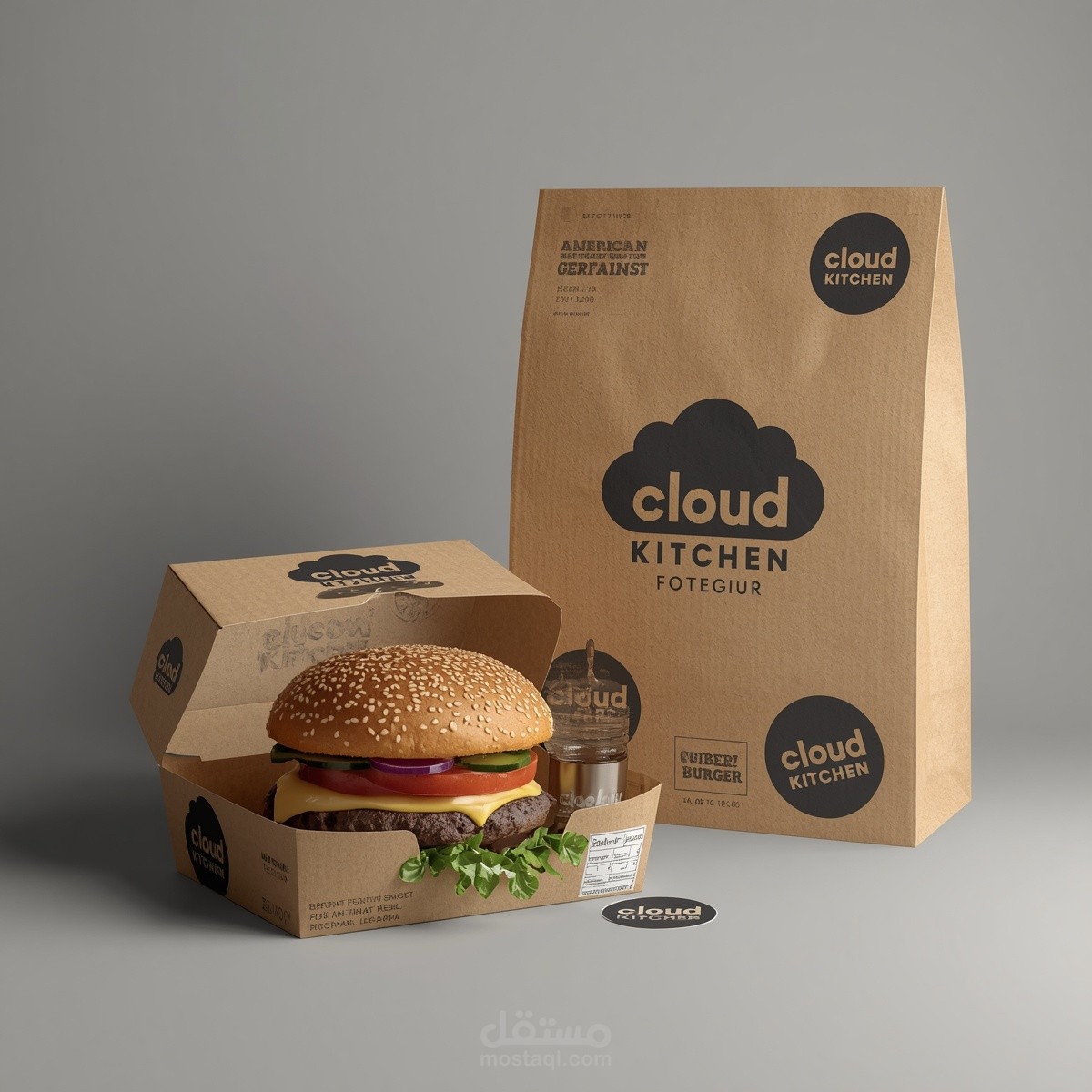 مشروع افتراضي متكامل لتصميم الهوية البصرية ودليل البراند (Corporate Identity & Brand Book) لمطعم برجر سحابي (Cloud Kitchen) يتبنى الستايل الأمريكي العصري والمبتكر.