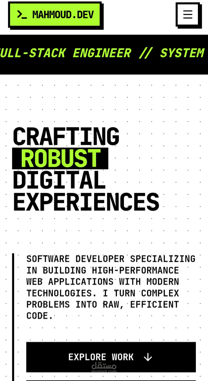 Mahmoud-Dev is an open-source, full-stack portfolio application designed to be more than just a static page. It functions as a complete digital operating system (PORTFOLIO_OS), featuring a unique Brutalist Design System that emphasizes bold typogra.