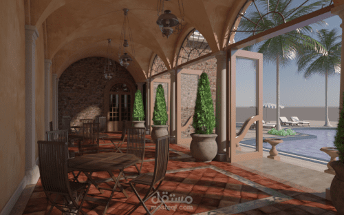 تصميم منطقة معيشة خارجية مطلة على حمام سباحة لفيلا سكنية"