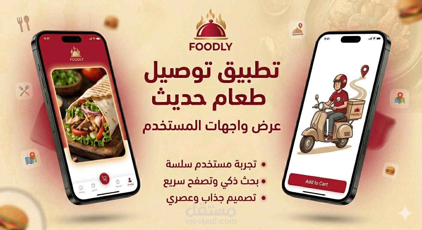 تصميم واجهات وتجربة مستخدم (UI/UX) لتطبيق توصيل الطعام "FOODLY"