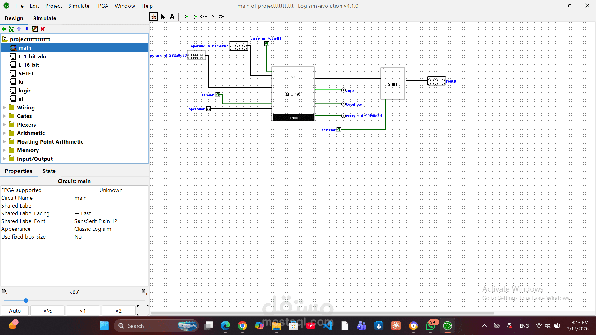 تصميم ومحاكاة وحدة حساب ومنطق (16-bit ALU) باستخدام Logisim