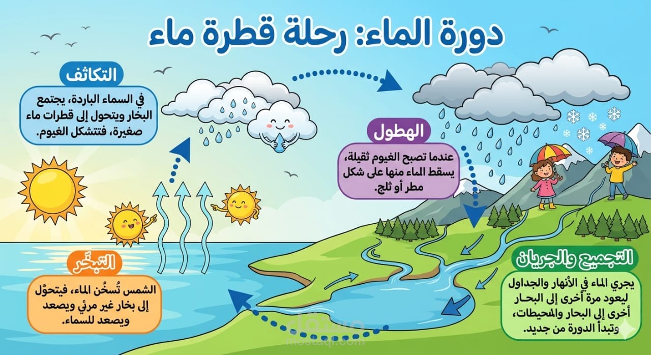 تلخيص درس دورة الماء بطريقة مبسطة للأطفال
