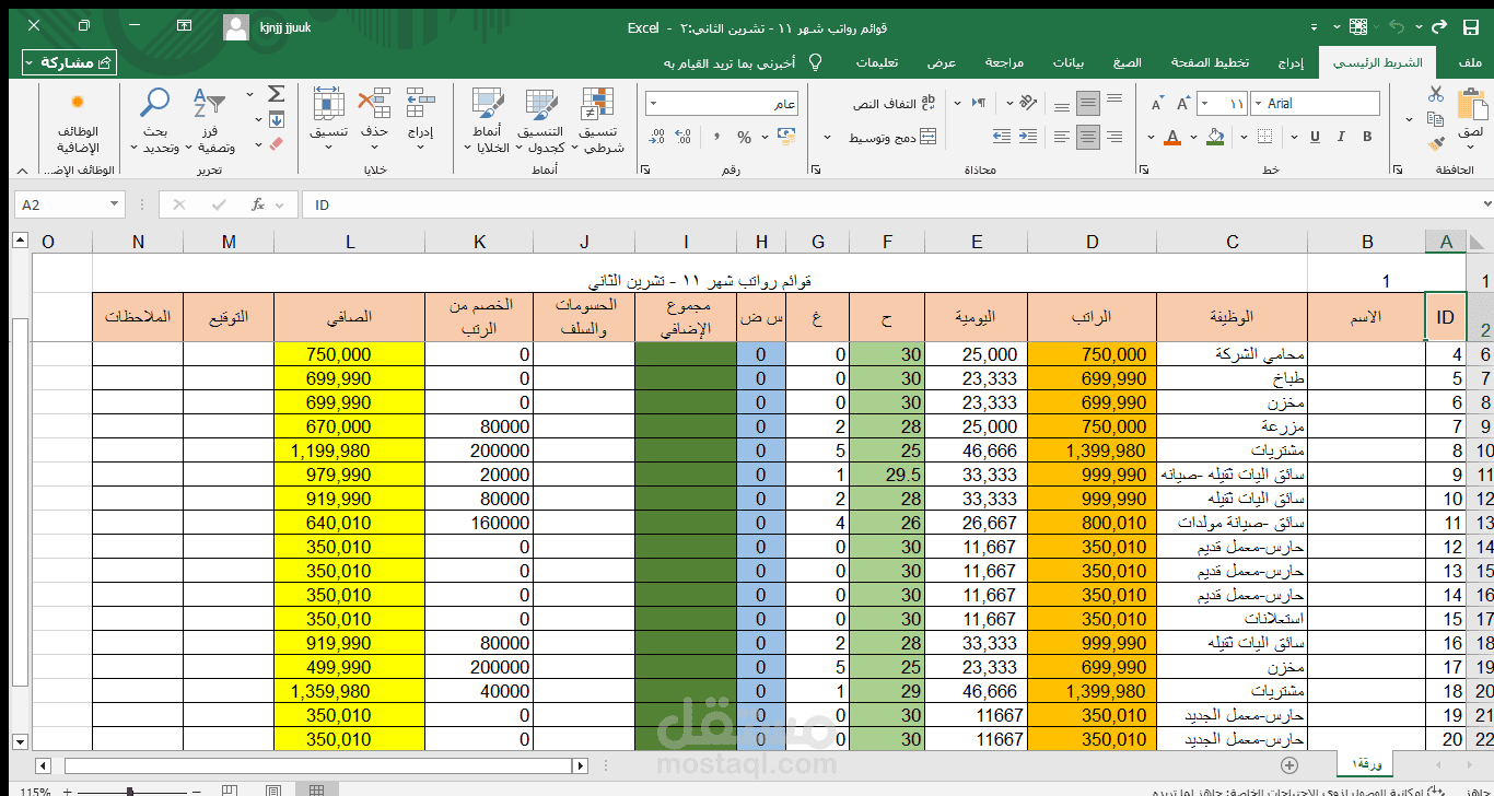 قوائم رواتب شهر 11 - تشرين الثاني