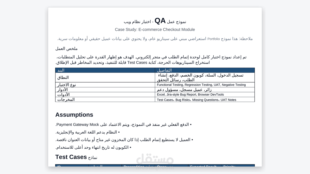 كتابة حالات اختبار لنظام ويب