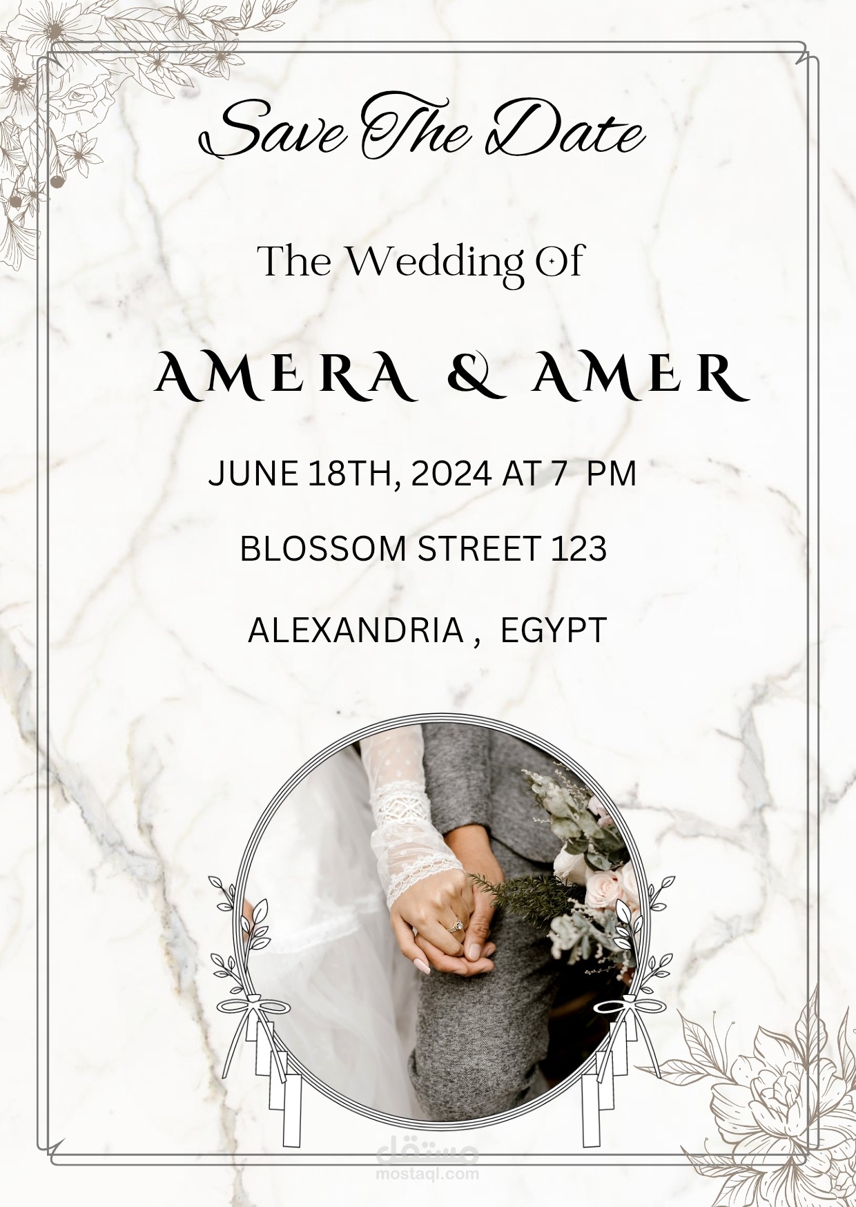 تصميم بطاقة دعوة زفاف إلكترونية (Save The Date) بأسلوب كلاسيكي راقٍ