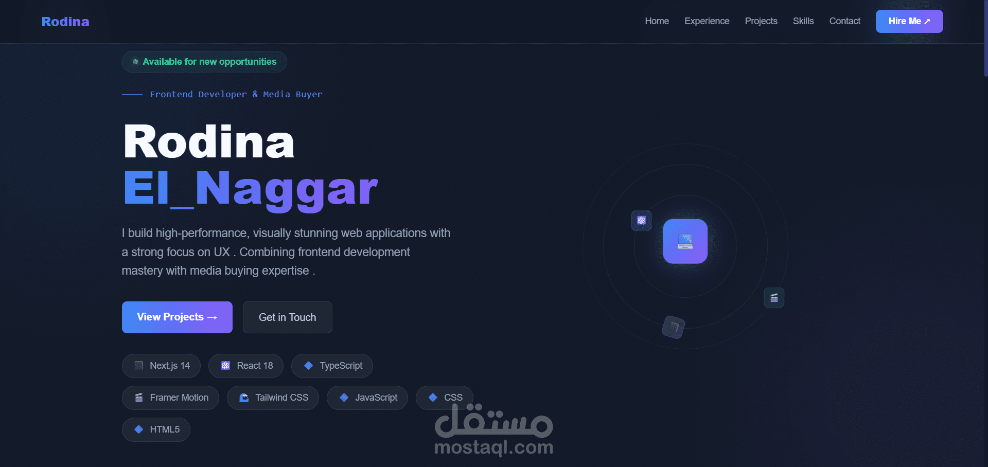 موقع بورتفوليو شخصي احترافي وتفاعلي لمطور واجهات أمامية (Next.js & React)