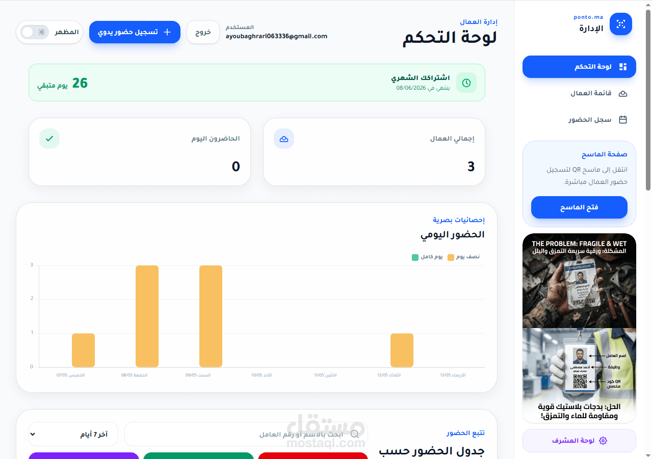 منصة Ponto.ma | نظام ساس (SaaS) متكامل لإدارة حضور العمال والرواتب عبر رمز QR