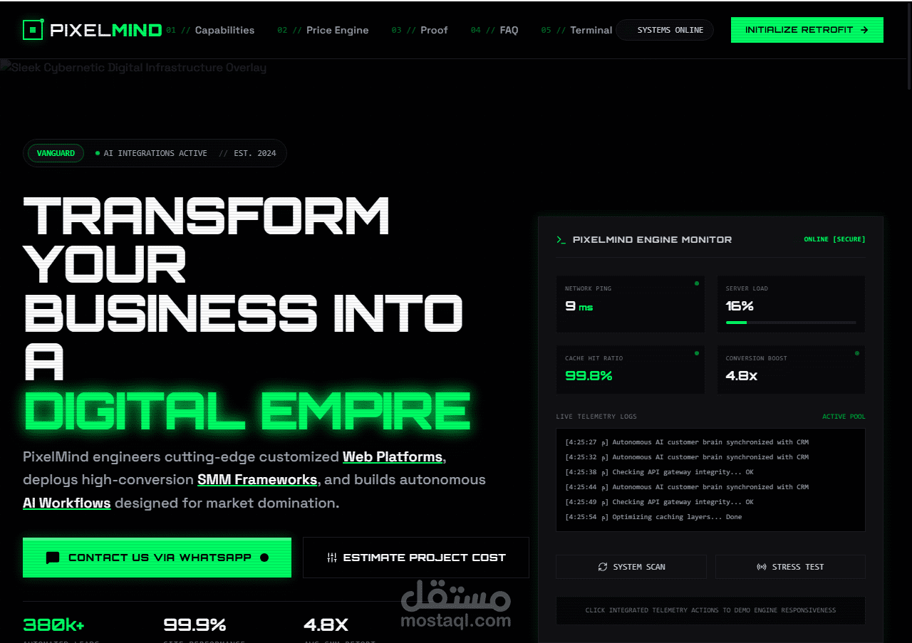 تصميم وتطوير صفحة هبوط عصرية وجذابة لوكالة خدمات رقمية وتسويق (PixelMind)