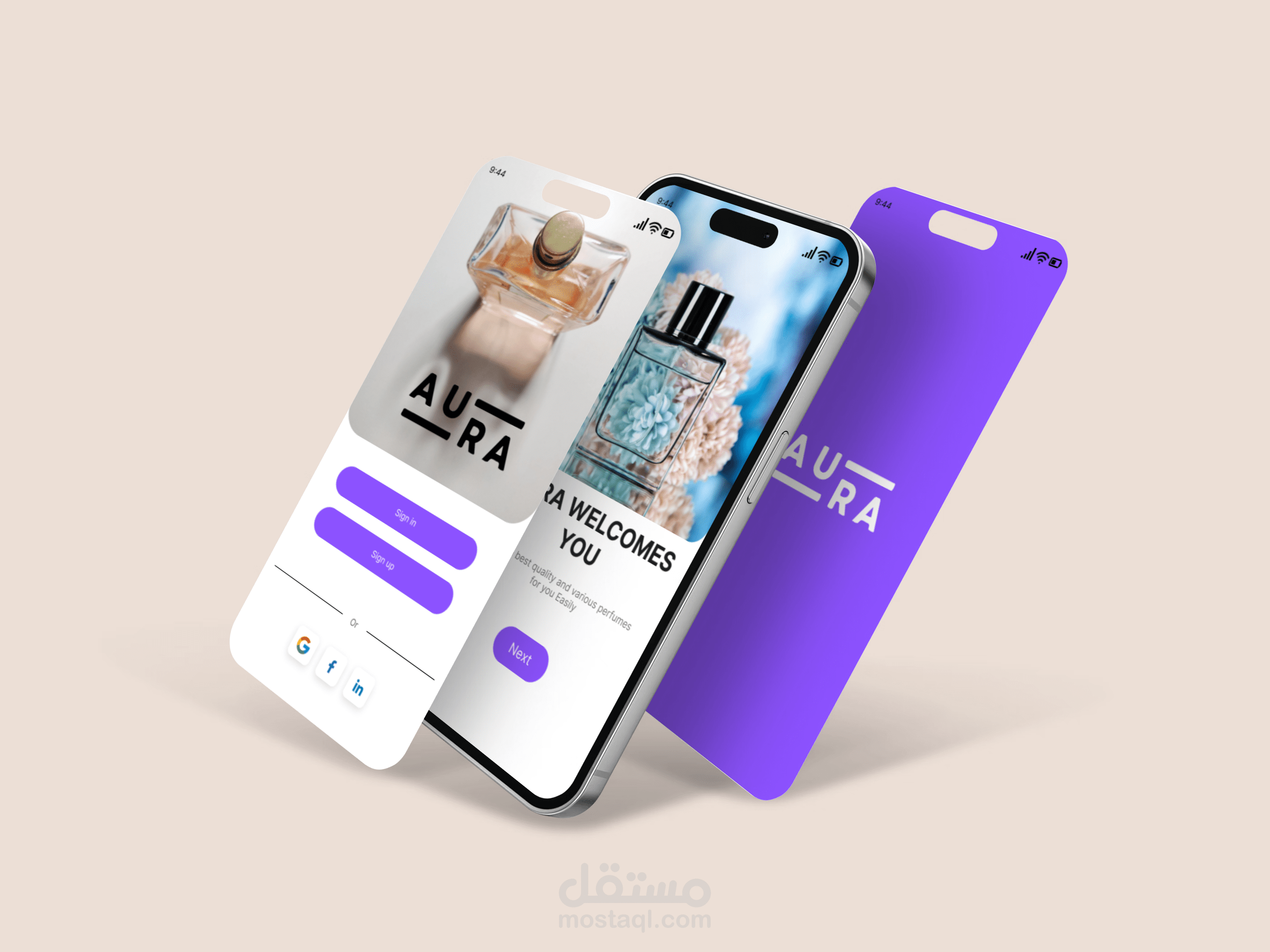 صميم تطبيق Aura للعطور | UI/UX Mobile App Design
