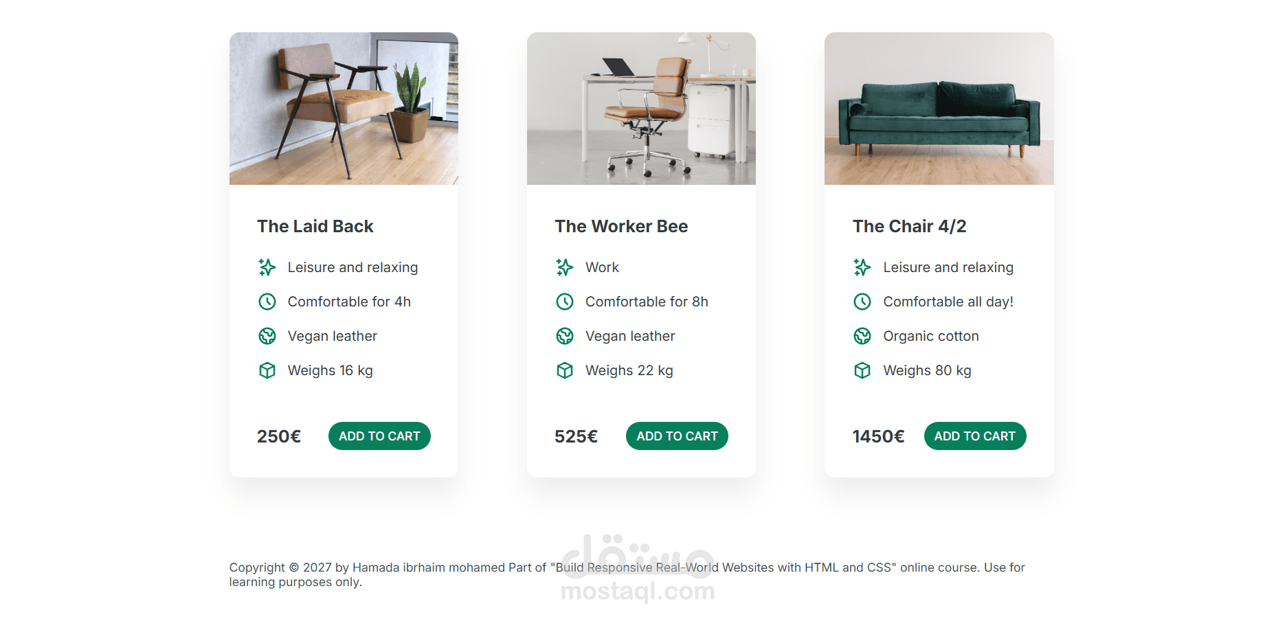 تطوير واجهة متجر إلكتروني وصفحة هبوط لمنتجات الأثاث العصري (Chair Landing Page)
