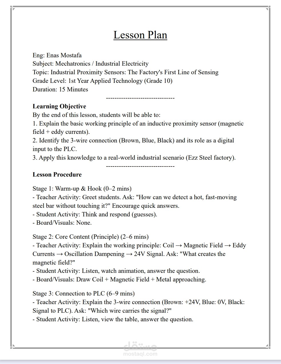 Engineering Lesson Plan & Instructional Design – Industrial Proximity Sensors