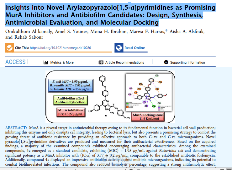 Insights into Novel Arylazopyrazolo[1,5‑a]pyrimidines  as Promising MurA Inhibitors and Antibiofilm  Candidates: Design, Synthesis, Antimicrobial  Evaluation, and Molecular Docking