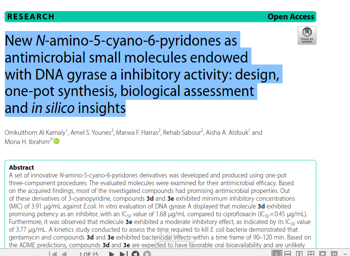 New N-amino-5-cyano-6-pyridones as antimicrobial small molecules endowed with DNA gyrase a inhibitory activity: design, one-pot synthesis, biological assessment and in silico insights