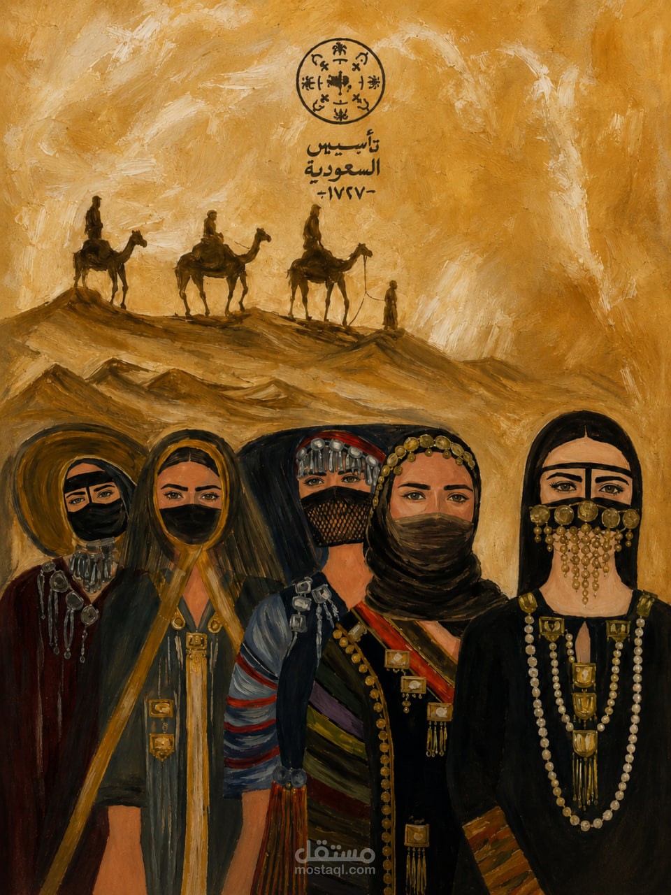 لوحة تجسد التراث السعودي بالازياء النسائية
