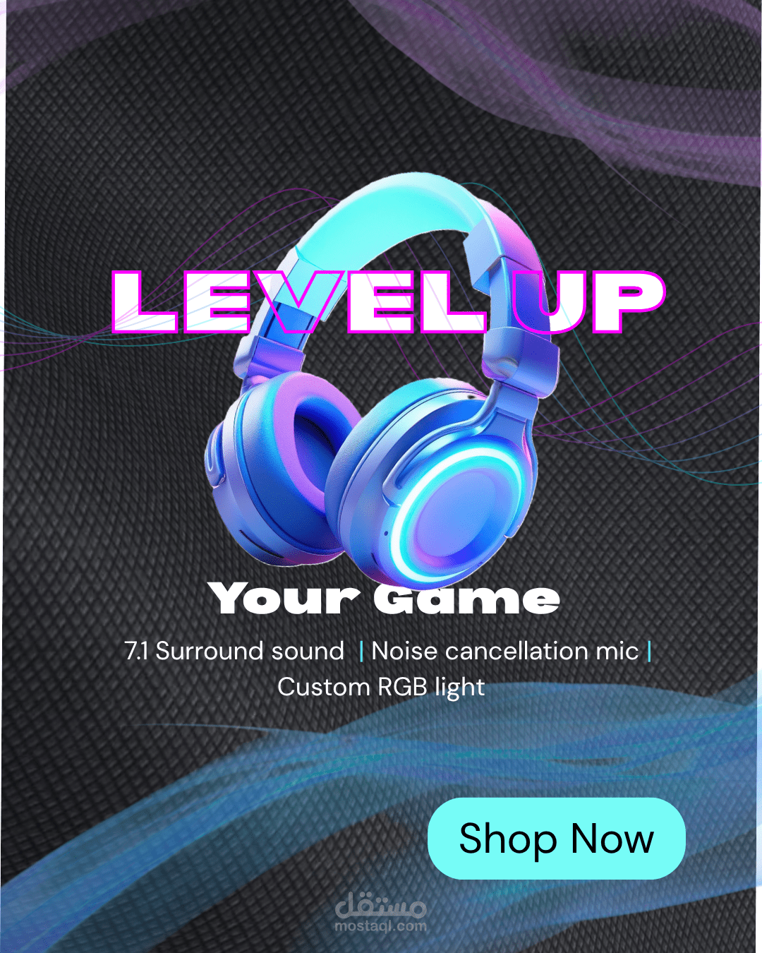 تصميم بوستر إعلاني احترافي لسماعة جيمنج بطابع عصري (LEVEL UP Gaming Headset Ad)