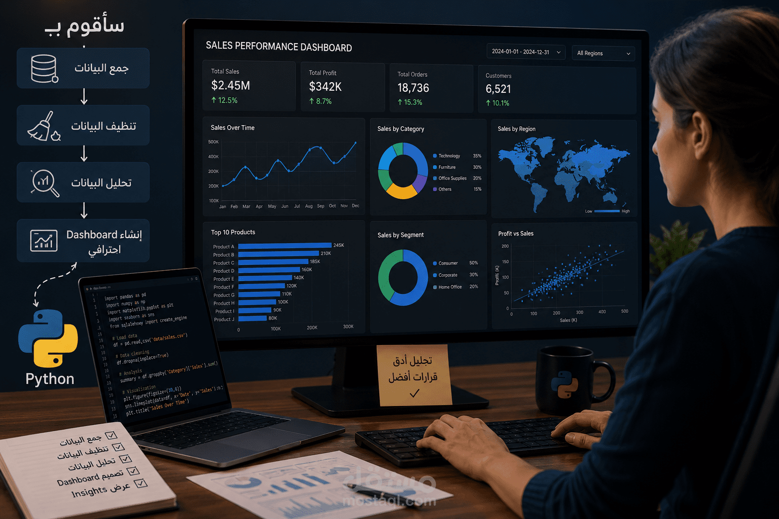 سأقوم بتحليل البيانات وإنشاء Dashboard احترافي باستخدام Pyth