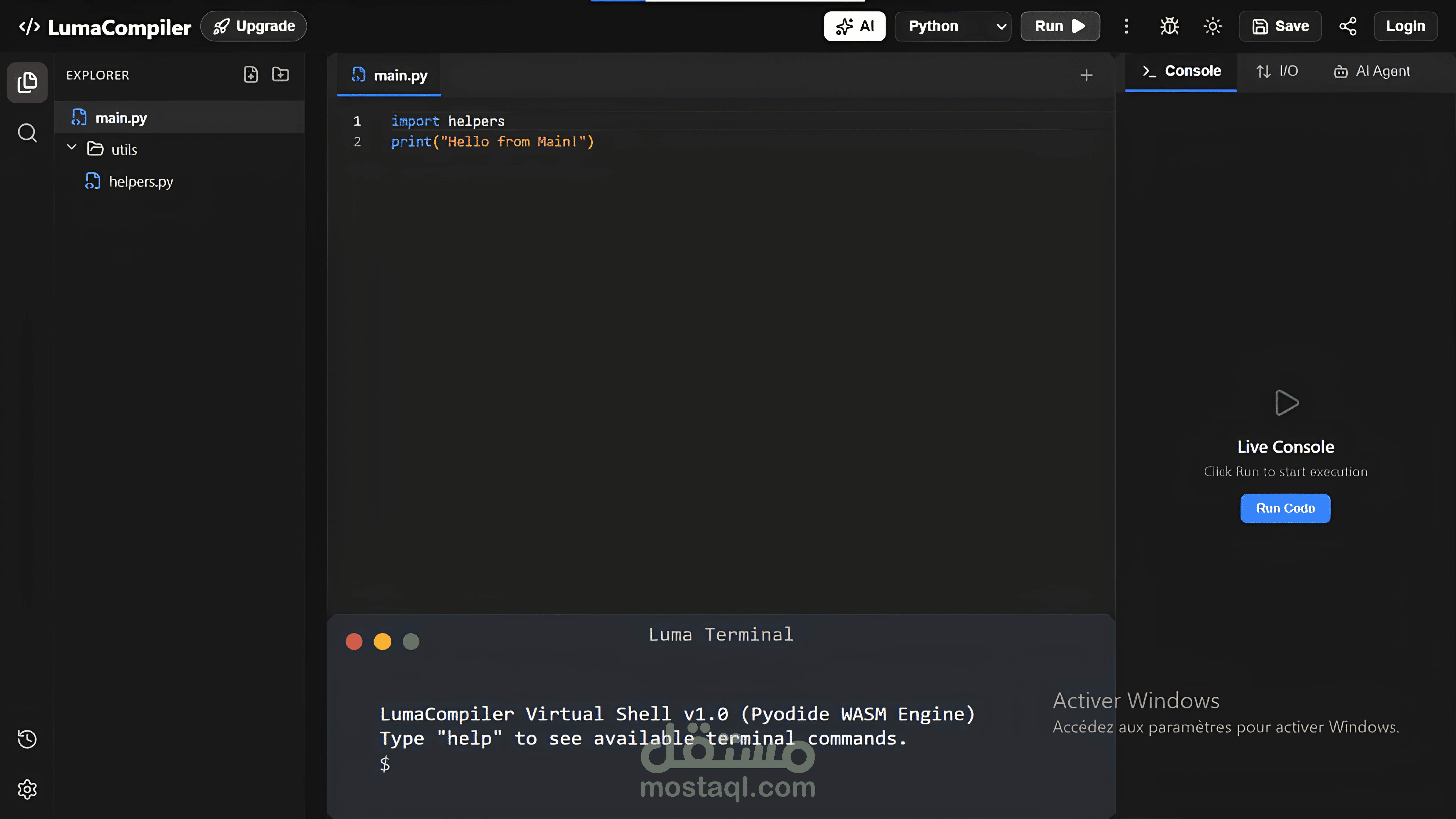 LumaCompiler هو بيئة تطور متكاملة سحابية (Cloud IDE) تعمل بالكامل داخل المتصفح.