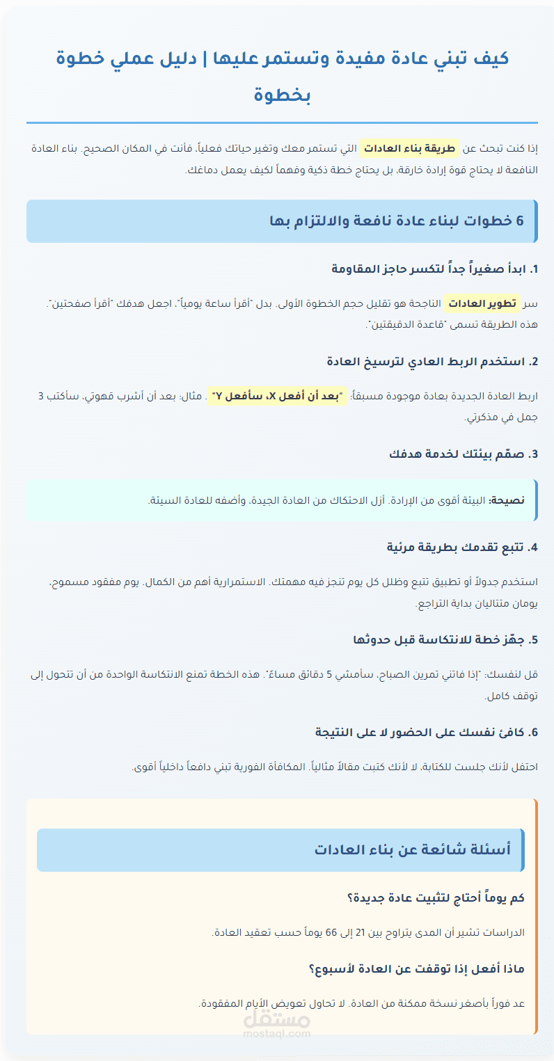 مقال بعنوان: كيف تبني عادة مفيدة وتستمر عليها 500كلمة +متوافق مع SEO