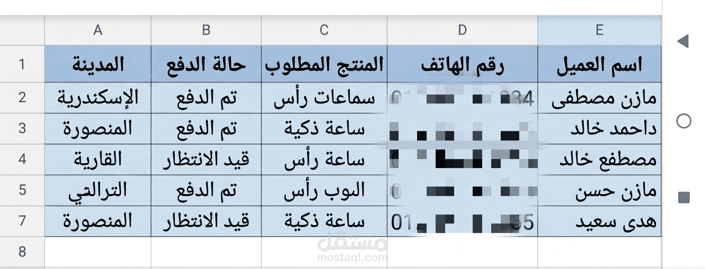 إدخال وتنسيق قاعدة بيانات عملاء متكاملة على Google Sheets