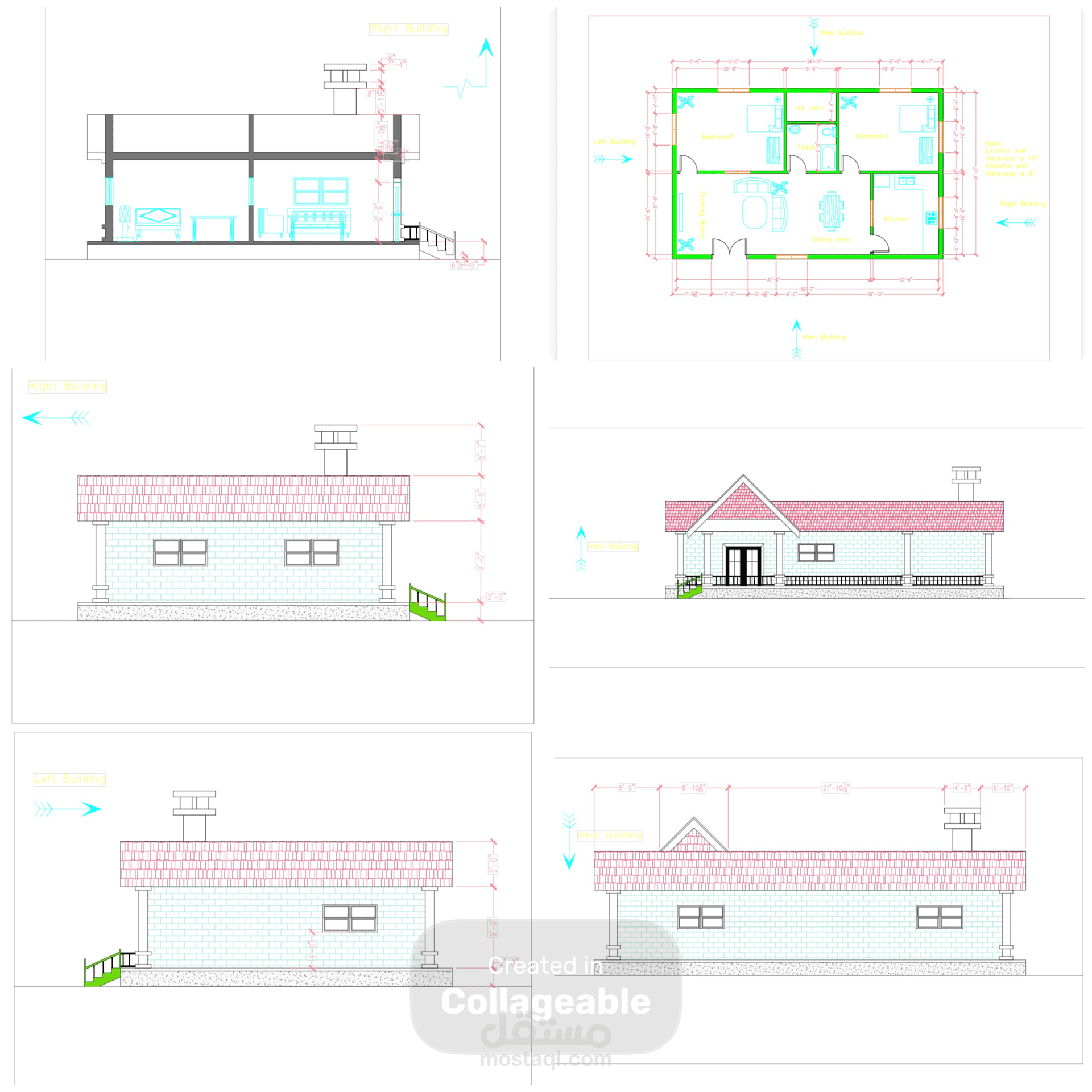 تخطيط معماري كامل لشقة بمساحة 120 م² (غرفتين + صالة + مطبخ)