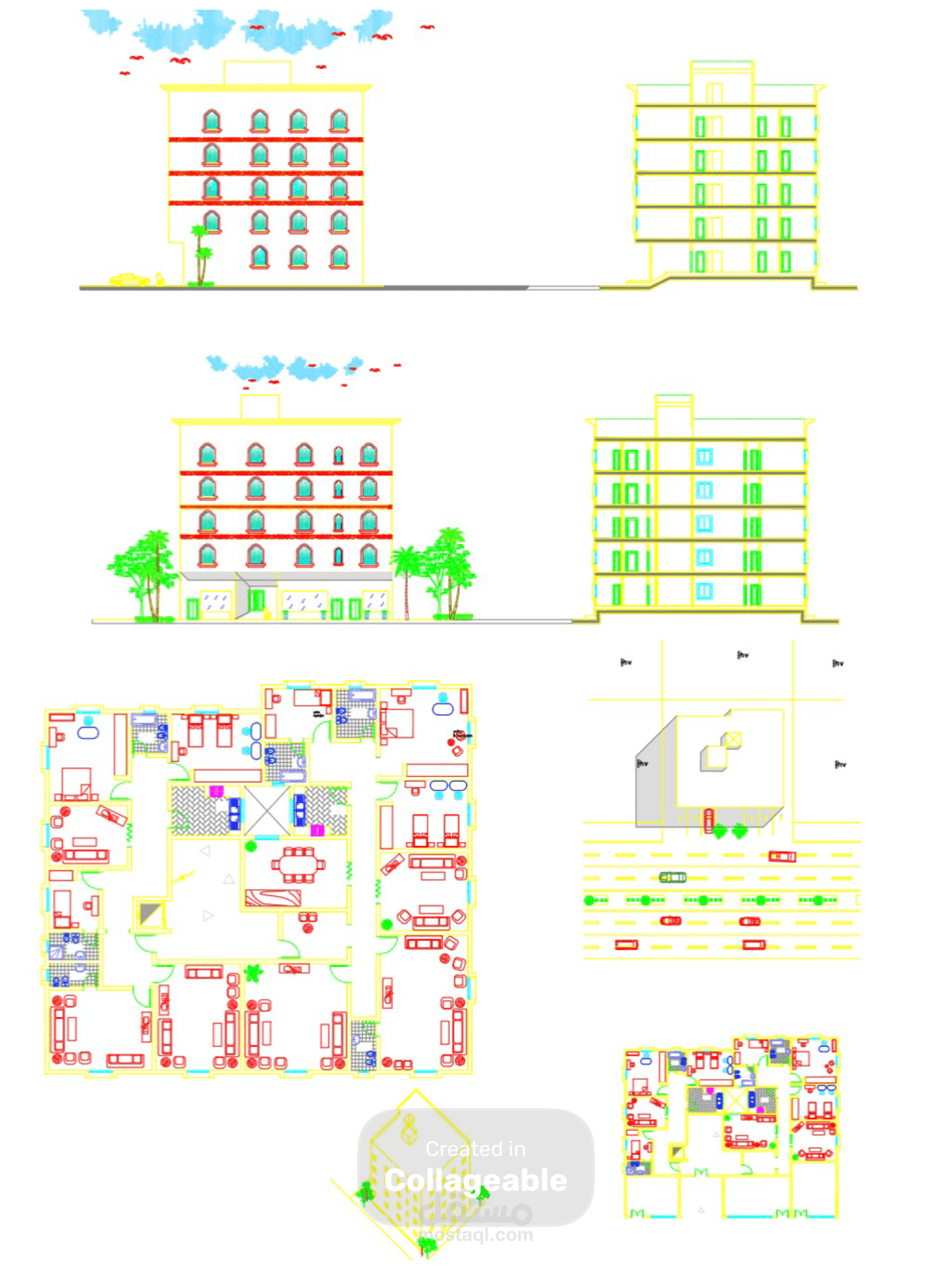 تصميم معماري وتوزيع داخلي لمبنى سكني (5 أدوار) مع مخططات تنفيذية وواجهات