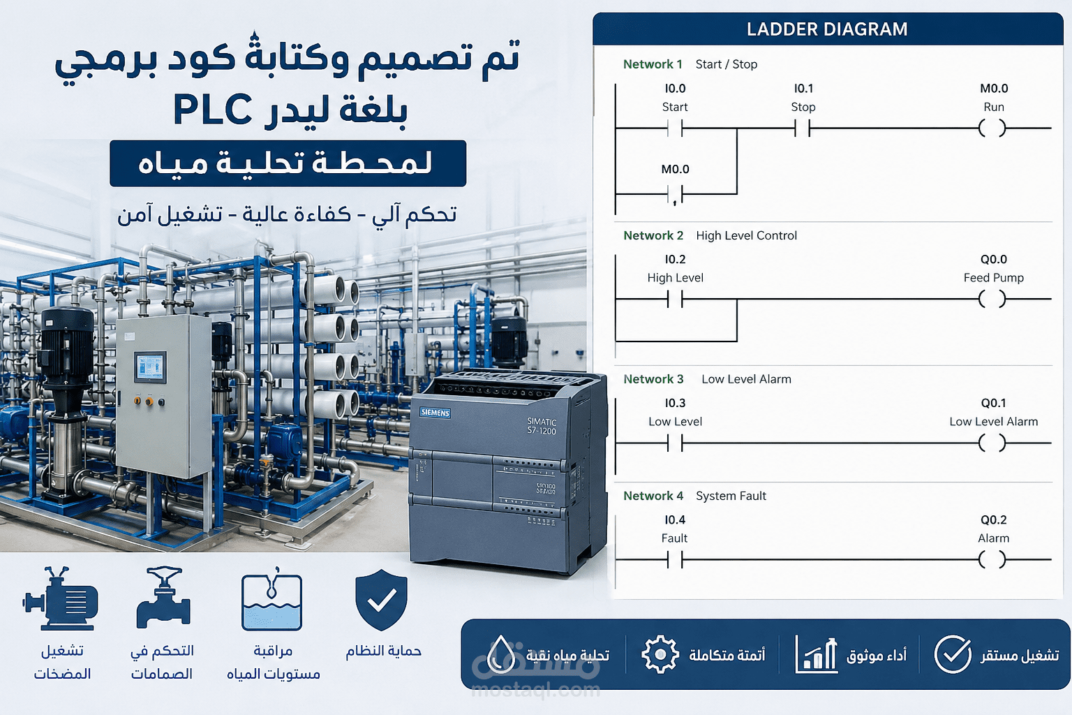 تم تصميم وكتابة كود برمجي بلغة اللادر (Ladder) لـ PLC لمحطة تحلية مياه