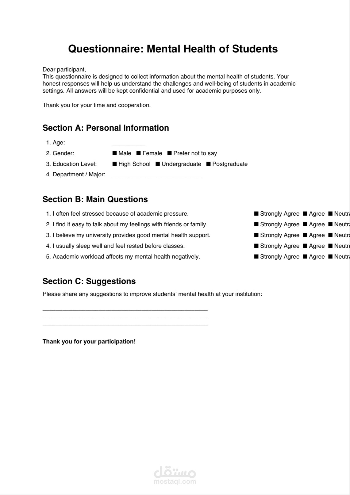 Questionnaire method for students mental health.