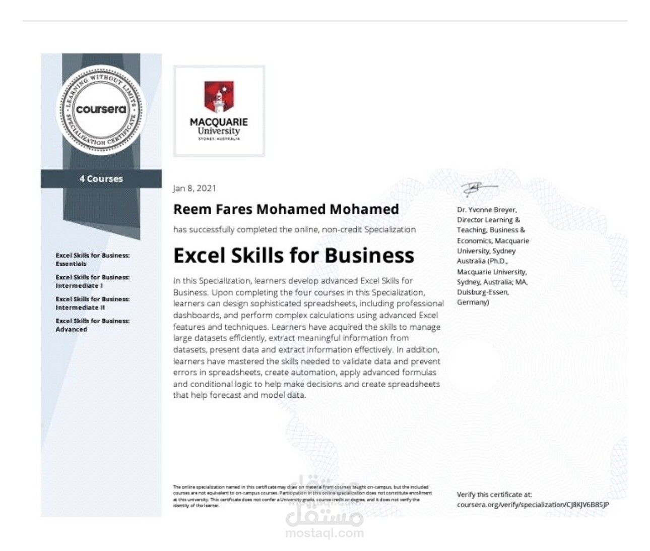 ماجستير الاكسيل excel من جامعة Maquire