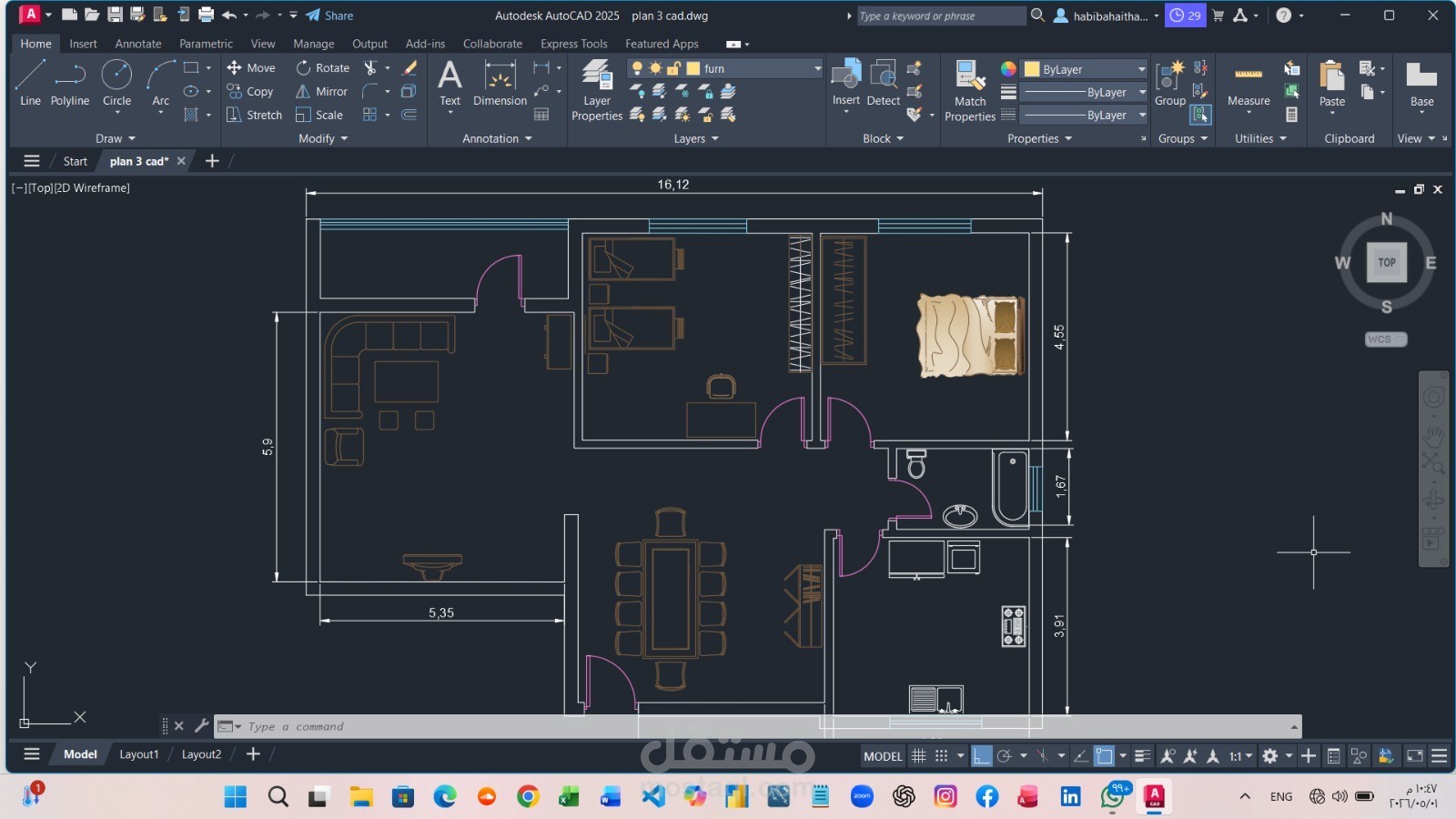 مخطط هندسي وتأثيث لشقه مع مراعاة دراسة الحركة