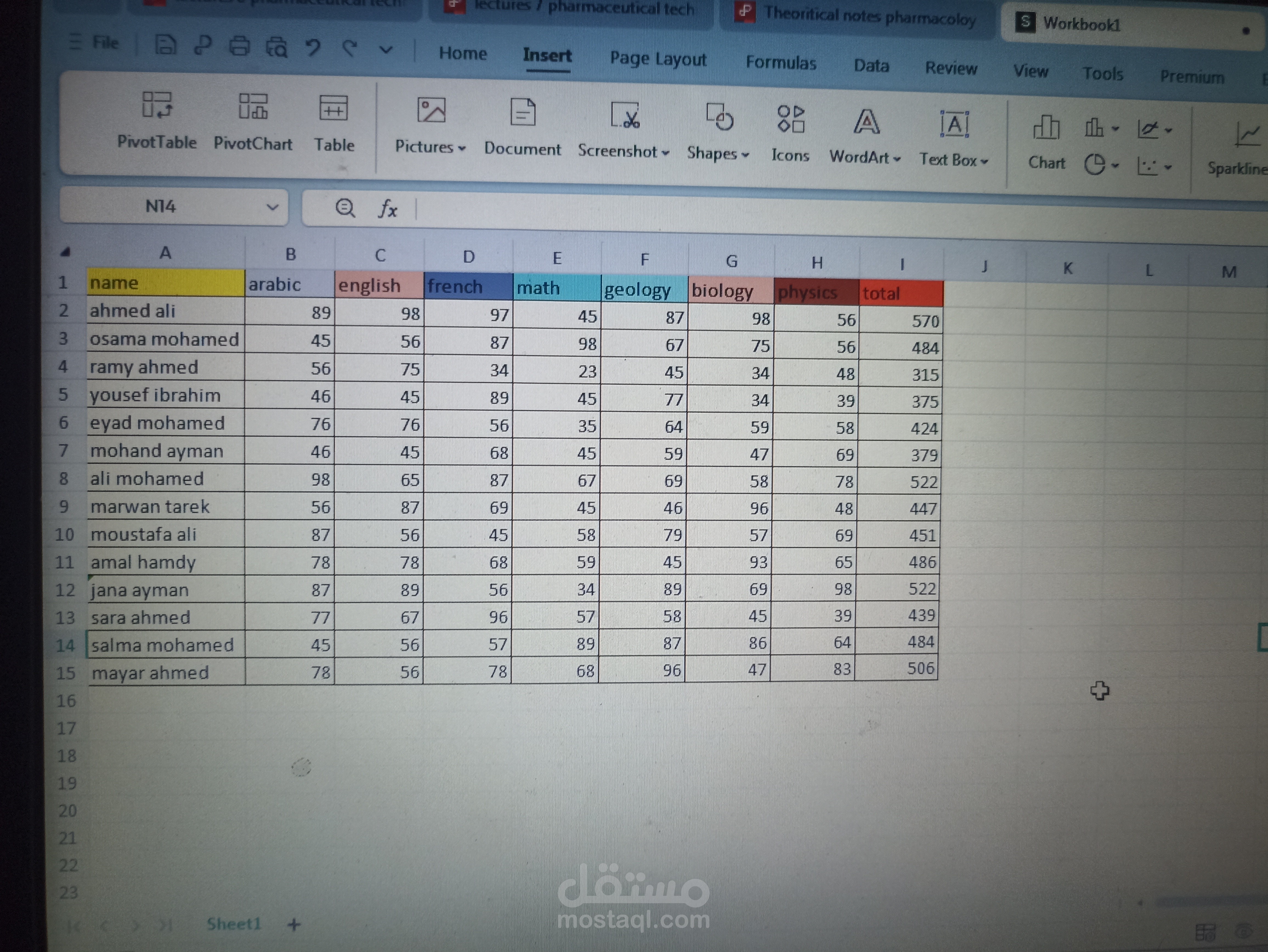 إدخال وتنسيق بيانات درجات الطلاب وحساب المجموع عبر Excel