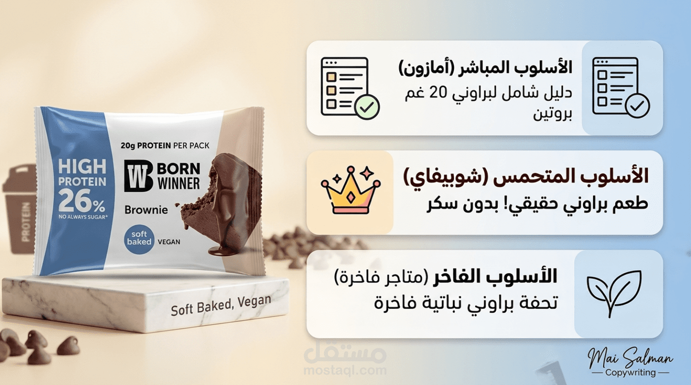 كتابة وصف منتج تسويقي احترافي لمنتج بروتين (Born Winner Brownie) لثلاث منصات رقمية