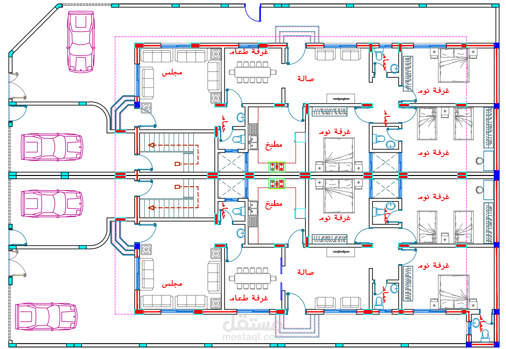إعداد مخطط معماري وتوزيع فرش داخلي ثنائي الأبعاد (2D Floor Plan) لفيلا سكنية متماثلة باستخدام AutoCAD